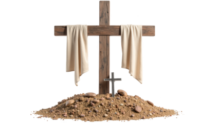 Wooden cross with draped cloth stands on mound of earth, symbolizing sacrifice and faith. scene evokes sense of reverence and spirituality