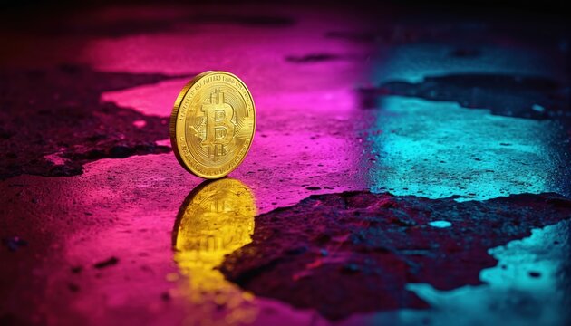 Gold bitcoin coin with vibrant neon lighting on a dark surface. Metallic crypto currency. Futuristic digital money, finance concept. Symbolizes wealth, luxury, technology and crypto.