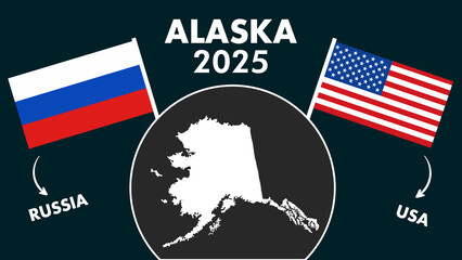 Vector Map of Russia and USA flags with poles, Alaska 2025 map, labeled regions, flat illustration style, political geography, JPG