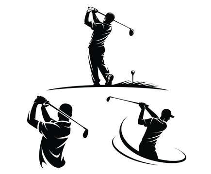 Silhouettes of golfer in swing sequence—backswing, follow-through, and finish pose with tee and ball, illustrating golf technique and motion