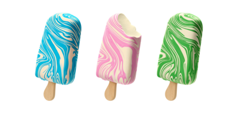 Swirl candy glazed vanilla ice cream bar on stick transparent PNG cutout set bundle, isolated background. Bright blue, pink, green color flavor cue