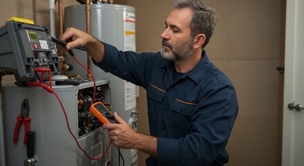 Male Technician Repairing Water Heater in Utility Room with Tools and Equipment