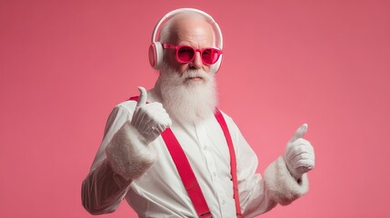 Trendy Christmas Santa Giving Thumbs Up in Stylish Outfit with Headphones