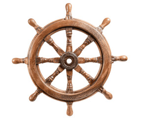 Vintage wooden ship wheel for nautical decoration and coastal themes on a transparent background, cut out