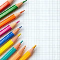 Colorful wooden pencils arranged neatly on grid paper background, showcasing vibrant hues and artistic potential