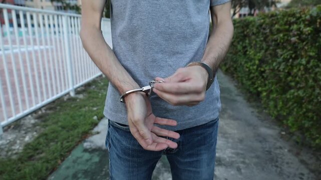 Close-up of male hands in handcuffs, struggling to remove them, unlocking with a key, then rubbing sore wrists from pressure marks.