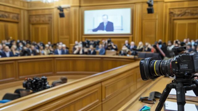 A courtroom scene with a camera focused on a speaker addressing the audience.