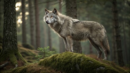 Obraz premium A wild gray wolf, a canine predator, with intense eyes in the forest