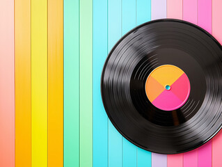 Close up of colorful vinyl record resting on vibrant striped background, evoking sense of nostalgia and joy