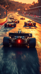Vertical shot of Formula 1 cars racing on a track during golden hour, with warm light reflecting off the asphalt and the cars' dark bodies.