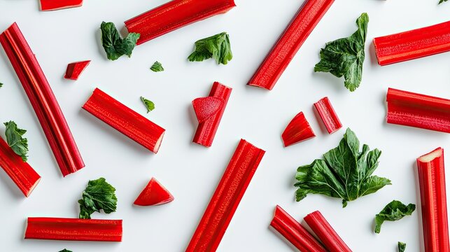 Rhubarb stalks and leaves scattered on a white surface, overhead view