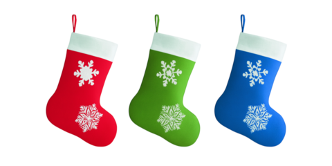 Christmas Eve gift stocking sock green, blue, red PNG set, cutout isolated on transparent background. Winter holiday season decoration with snowflakes graphic resource