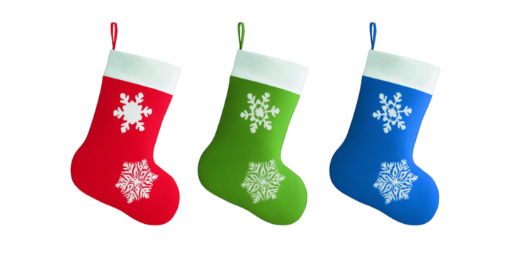 Christmas Eve gift stocking sock green, blue, red PNG set, cutout isolated on transparent background. Winter holiday season decoration with snowflakes graphic resource