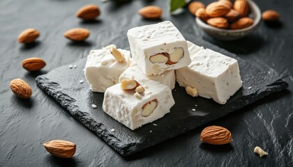 Fototapeta premium Delicious Almond Nougat On A Dark Stone Surface, Accompanied By Chunks Of Vanilla Nougat. Tantalizing Treat For The Taste Buds.