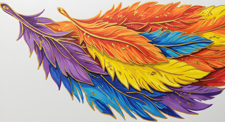 Obraz premium Detailed Artistic Rainbow Feather Grouping with Gold Accent Ornament Decoration