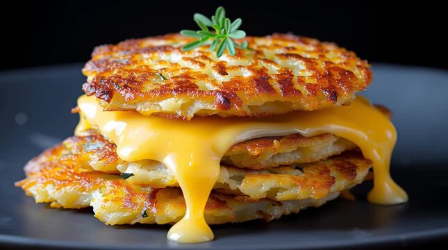 Golden crispy hash brown stacked high, melting cheese oozing between layers, garnished with fresh herbs, showcasing delicious comfort food in a visually appealing presentation