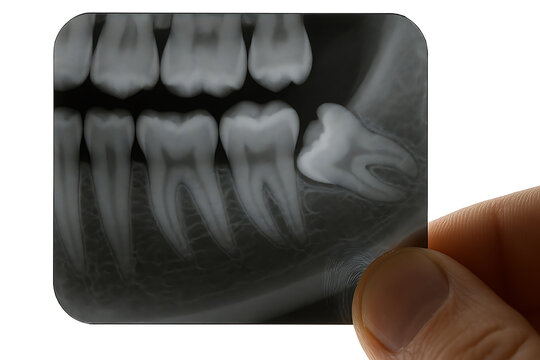 Dental X-ray showing an impacted wisdom tooth pressing against molars, held by a hand.