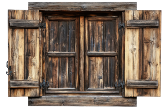 Old rustic wooden window with closed shutters isolated on transparent background