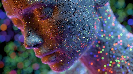 Artificial intelligence face with illuminated circuit patterns, symbolizing technology and connection, with a bokeh background.