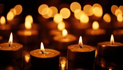 Many Christmas Candles Burning At Night With Shallow Depth Of Field And Abstract Flames Glowing In Close-Up With Free Space.