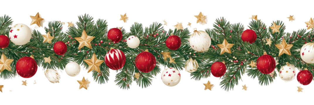 Festive Christmas garland with red and white ornaments, evergreen sprigs, and gold stars