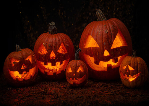A spooky group of glowing jack-o’-lantern pumpkins with carved faces on a dark background. Perfect Halloween decoration symbolizing autumn festivities.