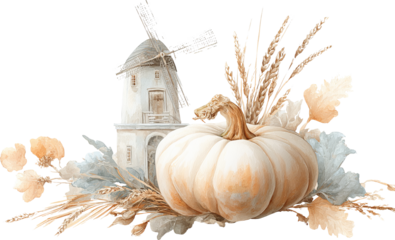 Rustic autumn windmill with white pumpkin and wheat for fall harvest