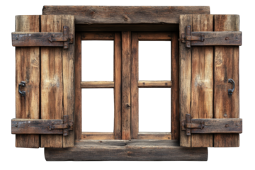 Antique wooden window with shutters and handles isolated on transparent background