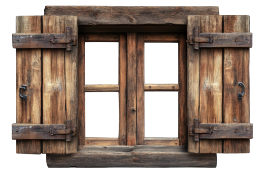 Antique wooden window with shutters and handles isolated on transparent background