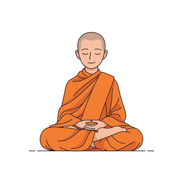 Illustration of a Buddhist monk in orange robes, meditating in the lotus position with eyes closed.