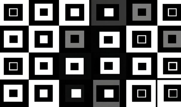 Abstract geometric pattern with concentric squares in black, white, and grey