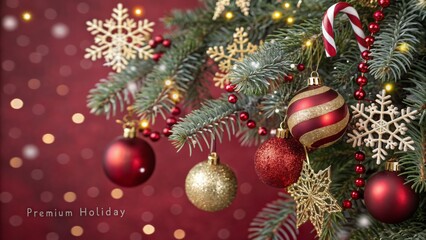 Festive christmas decorations on a branch cozy home holiday ornaments warm lighting close-up joyful atmosphere