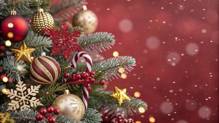 Vibrant christmas tree branch with ornaments holiday cheer home decor festive atmosphere close-up view seasonal celebration