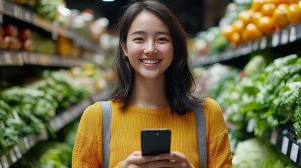 Smiling Young Woman Using Smartphone in Produce Section of Grocery Store