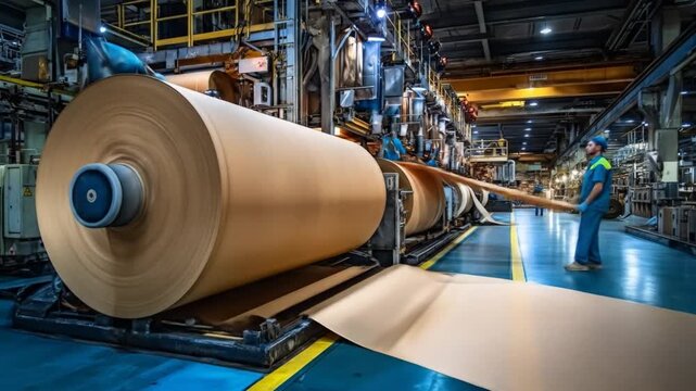 A large paper manufacturing facility showcasing massive rolls of brown paper being processed on an assembly line, with machinery and workers in the background contributing to production