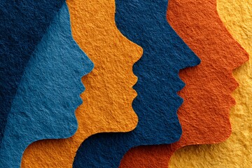 Blue orange profile silhouettes layered textured yellow