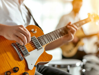 Fototapeta premium Musician playing electric guitar in band setting, creating lively atmosphere while writing music together