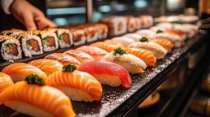 Assorted Sushi and Sashimi Platter with Salmon Nigiri and Rolls