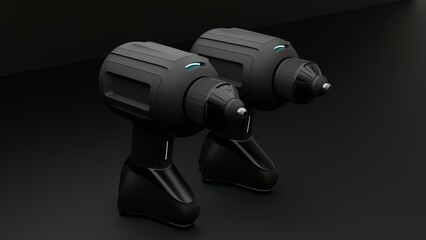 Multiple futuristic drill concepts displayed together in dark scene