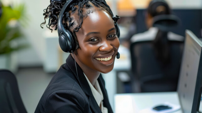 Professional African American woman smiling while wearing a headset in a modern office environment. Concept of customer service, support, communication, and teamwork.
