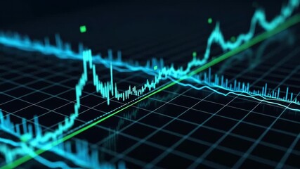 Glowing teal and green waveforms dance across a dark grid Data fluctuates rapidly showcasing complex information visualization technology Financial analysis represented - Powered by Adobe