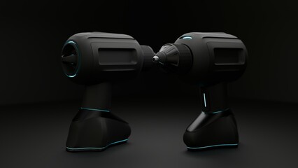 Pair of futuristic cordless drills on dark industrial style background