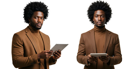 A confident young Black man wearing a stylish brown blazer over a turtleneck, holds a tablet, showcasing a modern and professional business, isolated on transparent cutout background, cut out, png