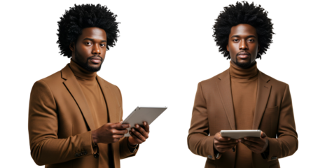 A confident young Black man wearing a stylish brown blazer over a turtleneck, holds a tablet, showcasing a modern and professional business, isolated on transparent cutout background, cut out, png