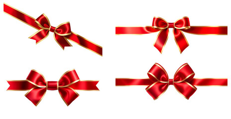 Set of Red Silk Bow And Ribbon with Golden Edging Tied into Elegant Bows, isolated on transparent cutout background, cut out, png