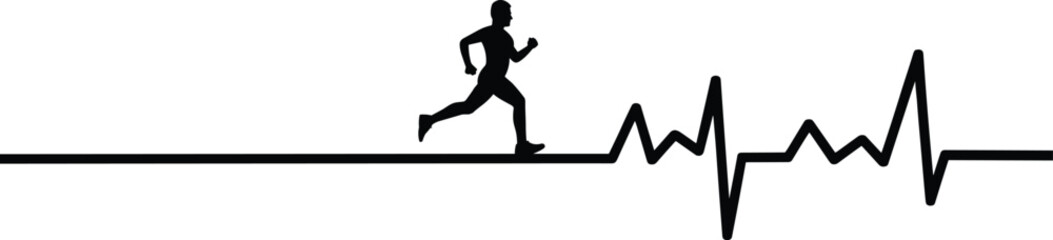Silhouette of a man running with heartbeat pulse line, health and fitness symbol, cardio exercise concept, active lifestyle icon, heart rate monitor graphic, wellness and sports illustration