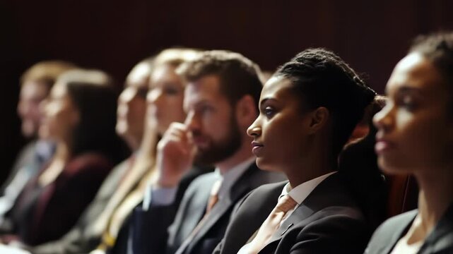 A diverse audience attentively listening during a business presentation.
