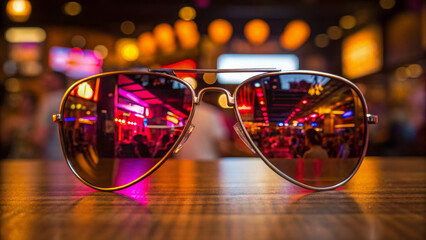 Bachelor night out at the club. Stylish sunglasses reflecting a vibrant, illuminated scene in a lively environment.