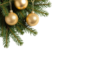 Golden ornaments hanging from evergreen branches create festive atmosphere, perfect for holiday celebrations and decorations