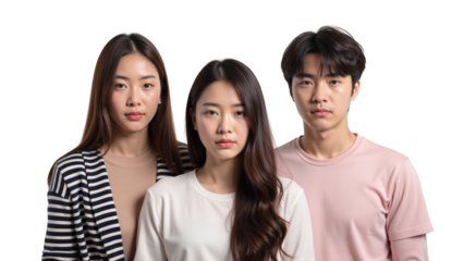 Three young adults standing together, showcasing diverse expressions and styles. individuals wear casual clothing, with one striped jacket